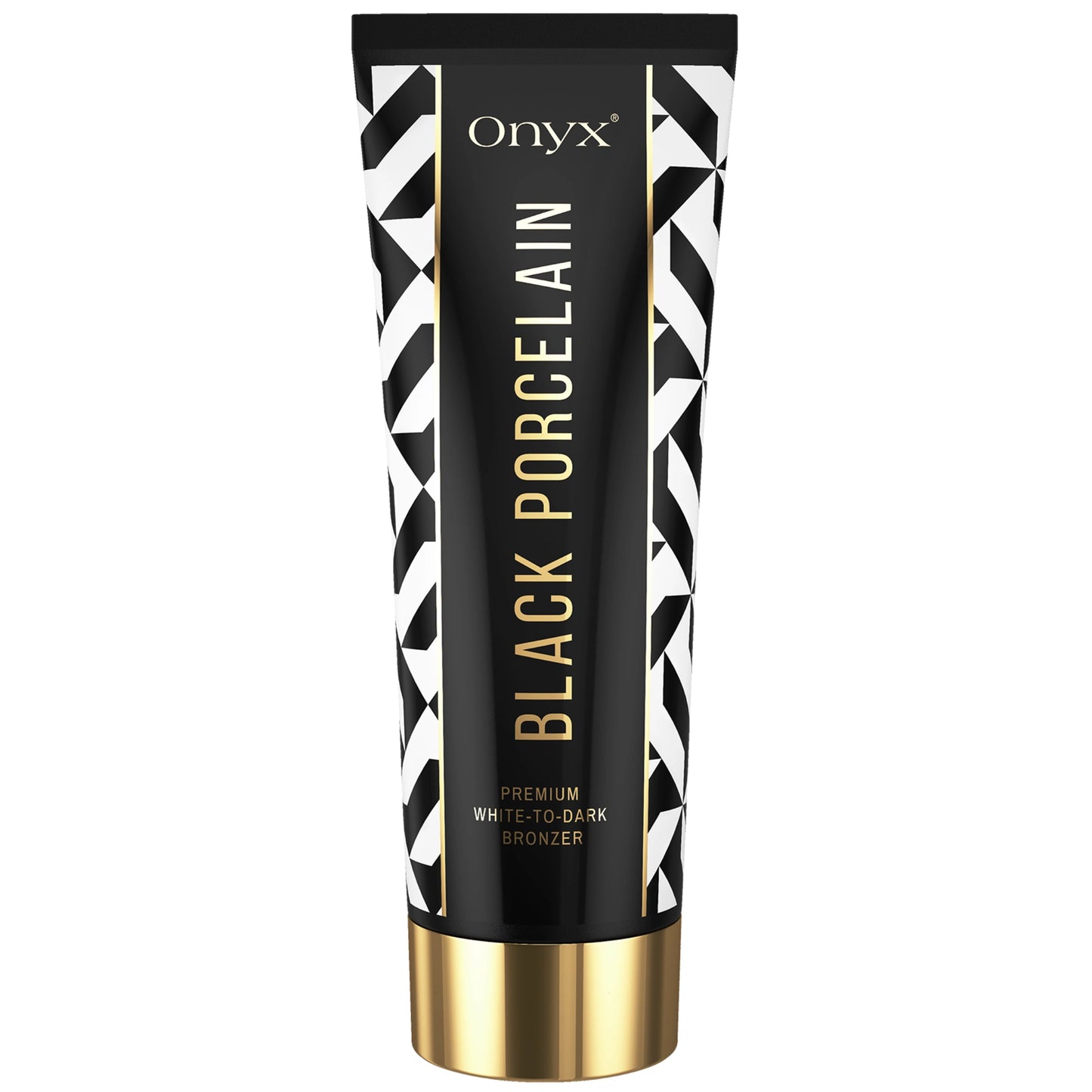 Imagen principal de la loción bronceadora Onyx Black Porcelain con elegante diseño en negro, blanco y dorado, bronceador premium White-to-Dark para solarium