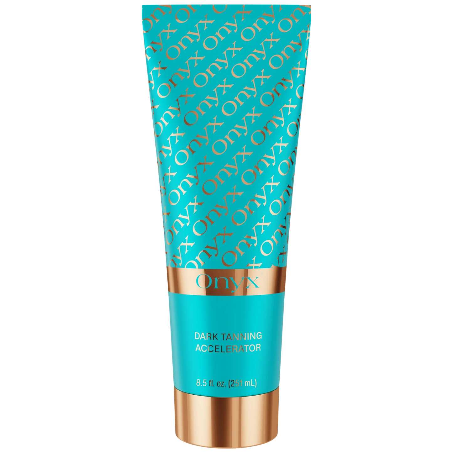 Loción bronceadora Onyx Dark Tanning Accelerator de 251 ml mostrada en primer plano con diseño colorido y fondo desenfocado.