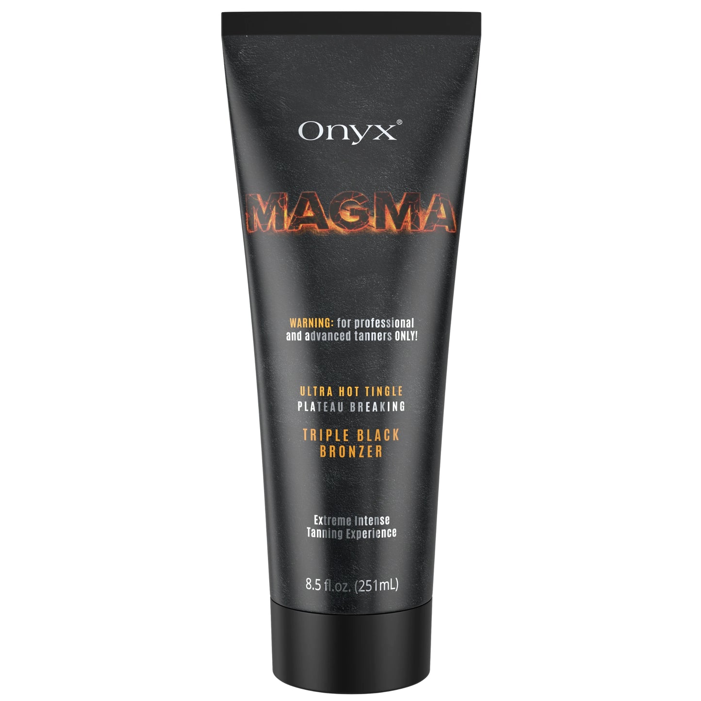 Imagen de producto recortada de la loción bronceadora Onyx Magma Tingle con diseño negro, inscripción de lava y advertencia para usuarias avanzadas