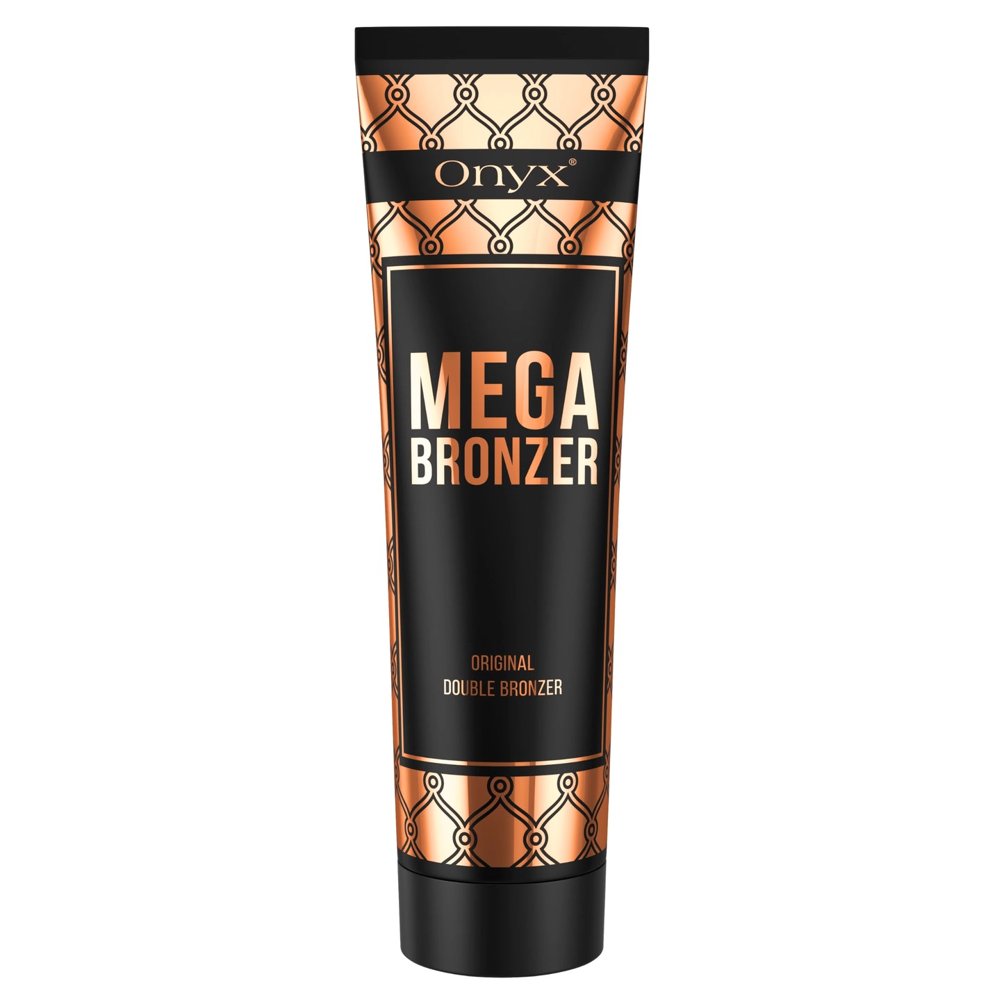 Onyx Mega Bronzer crema de solarium con doble poder bronceador, tubo negro con diseño en cobre para un bronceado especialmente intenso.
