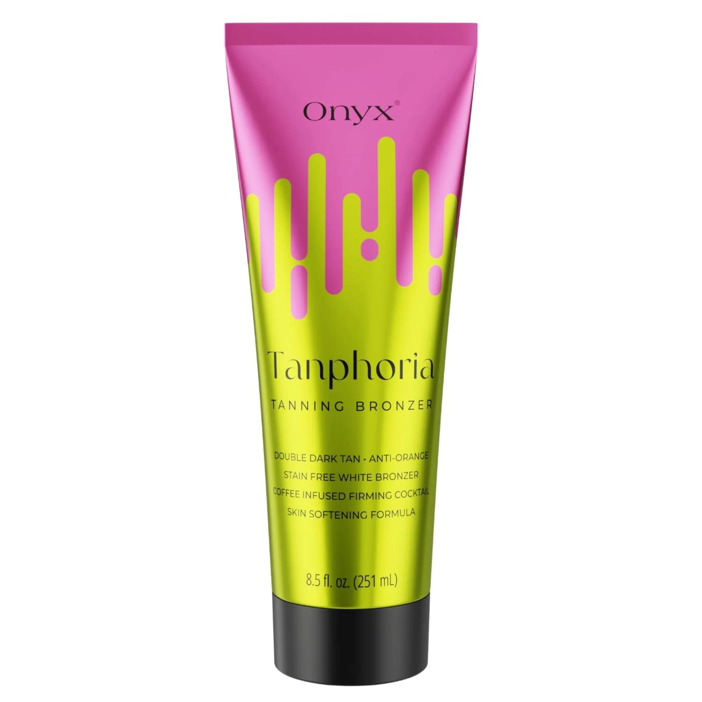Onyx Tanphoria loción bronceadora en toma de producto sobre fondo blanco