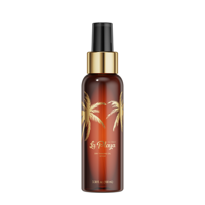 Butelka sprayu La Playa, lekkiego suchego olejku do opalania o żółto-karmelowym kolorze, z egzotycznym wzorem palm na etykiecie, 100 ml, idealna do naturalnego opalania i pielęgnacji skóry