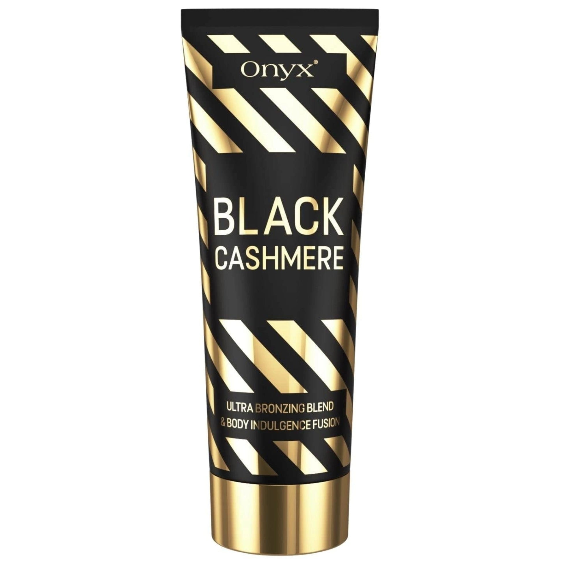 Envase del bronceador con franjas doradas sobre fondo negro