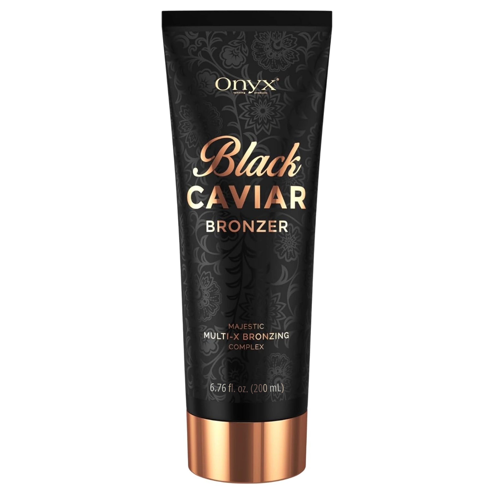 Foto de producto de la loción bronceadora Onyx Black Caviar en tubo de 200 ml, que muestra un diseño elegante para un bronceado intenso