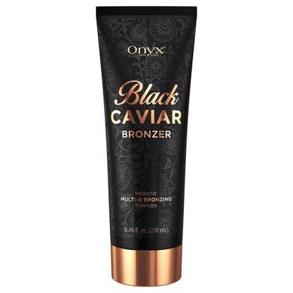 Foto de producto de la loción bronceadora Onyx Black Caviar en tubo de 200 ml, que muestra un diseño elegante para un bronceado intenso