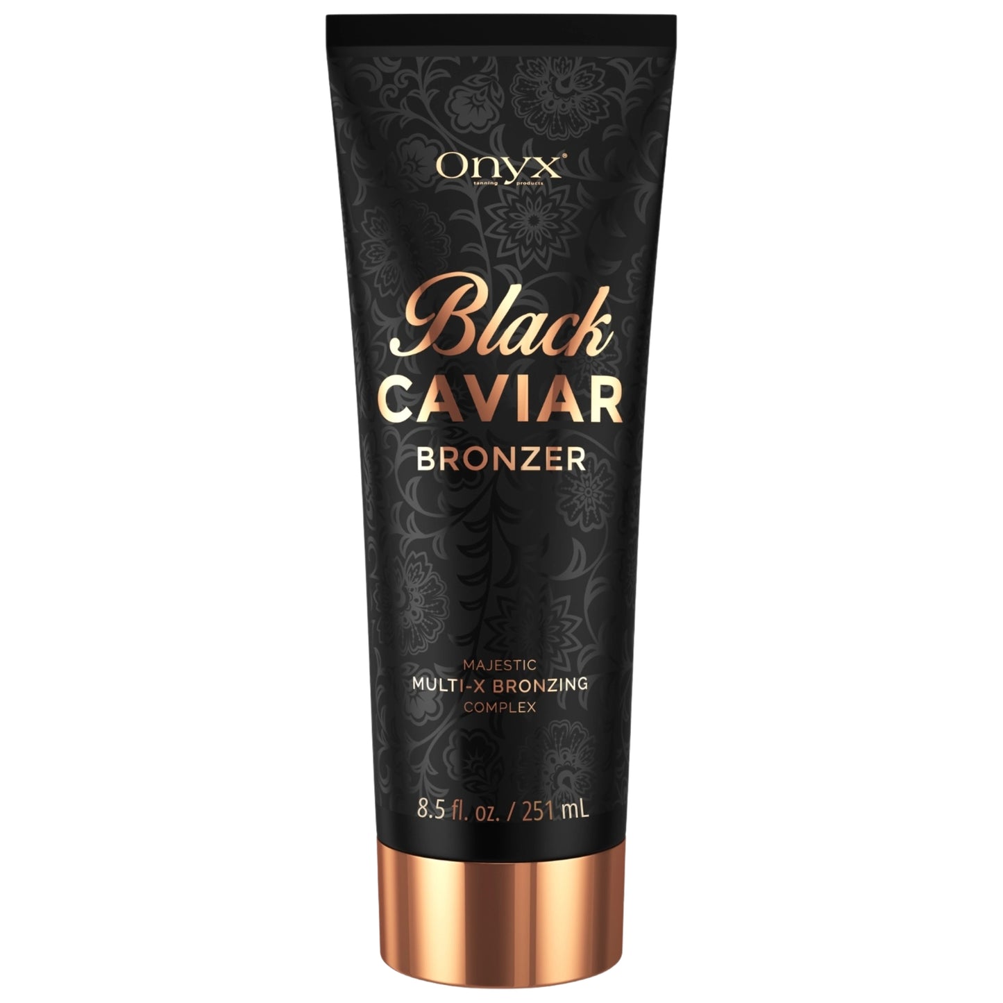 Foto de producto recortado de la loción bronceadora Onyx Black Caviar 251 ml con diseño de patrón negro y tapa color cobre