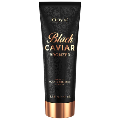 Foto de producto recortado de la loción bronceadora Onyx Black Caviar 251 ml con diseño de patrón negro y tapa color cobre