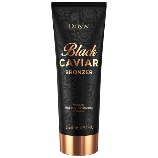 Foto de producto recortado de la loción bronceadora Onyx Black Caviar 251 ml con diseño de patrón negro y tapa color cobre