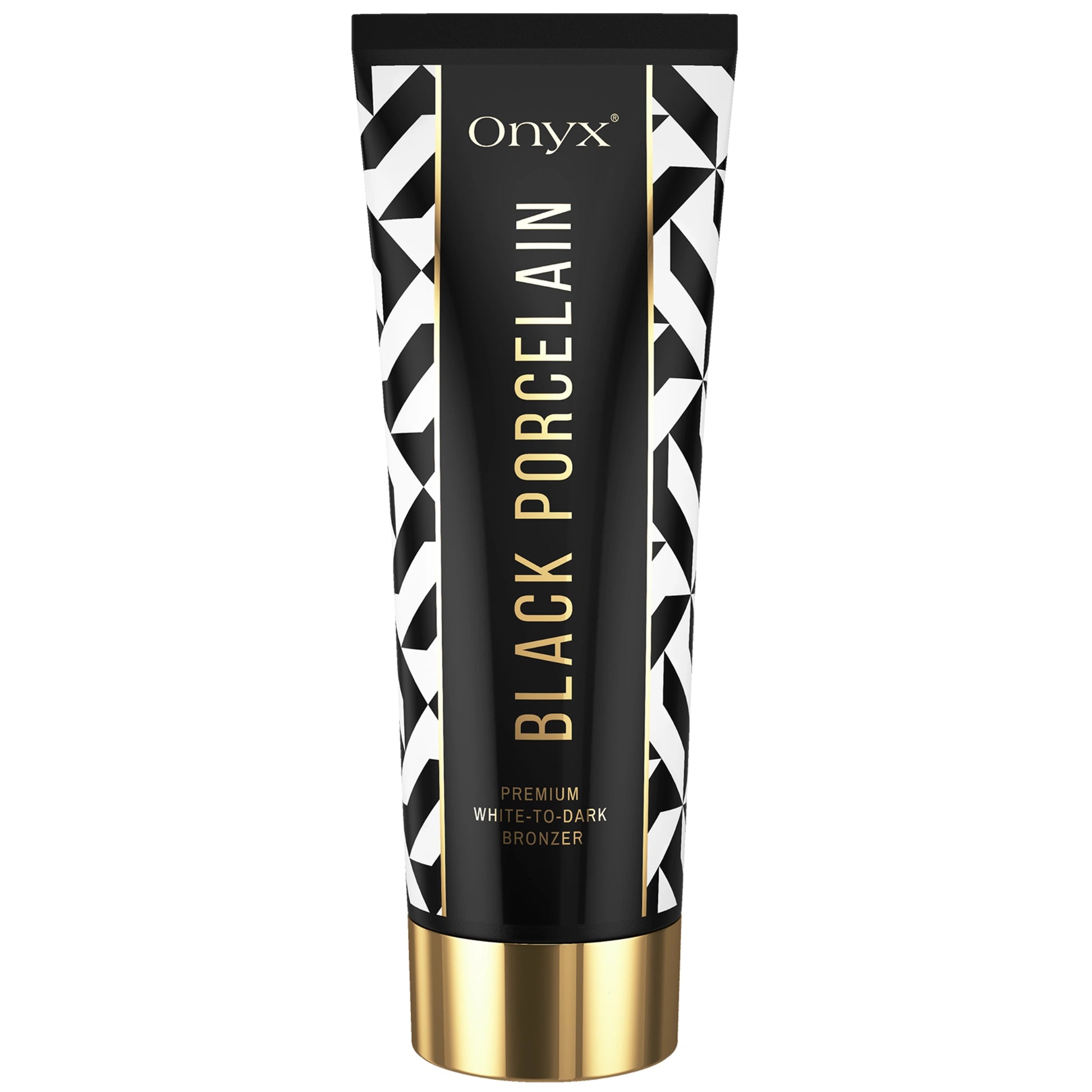 Imagen principal de la loción bronceadora Onyx Black Porcelain con elegante diseño en negro, blanco y dorado, bronceador premium White-to-Dark para solarium