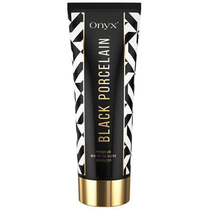 Imagen principal de la loción bronceadora Onyx Black Porcelain con elegante diseño en negro, blanco y dorado, bronceador premium White-to-Dark para solarium