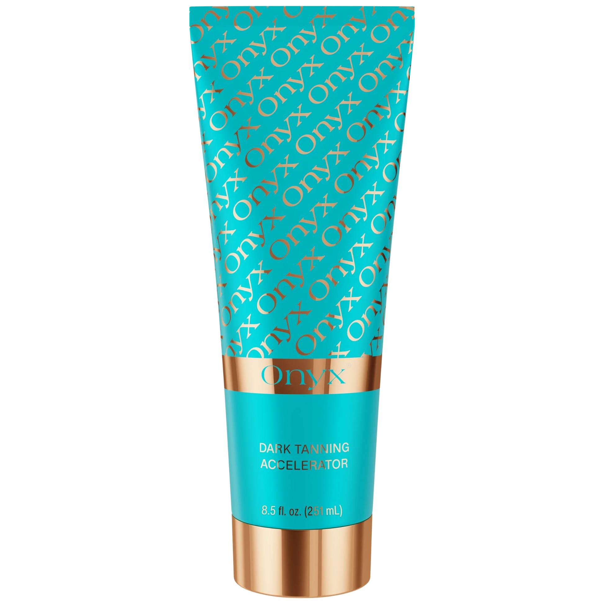 Loción bronceadora Onyx Dark Tanning Accelerator de 251 ml mostrada en primer plano con diseño colorido y fondo desenfocado.