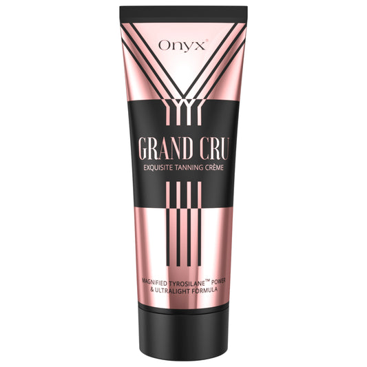 Onyx Grand Cru Sunbed Accelerator Cream by Onyx displayed on a white background, showing elegant rose gold and black packaging.